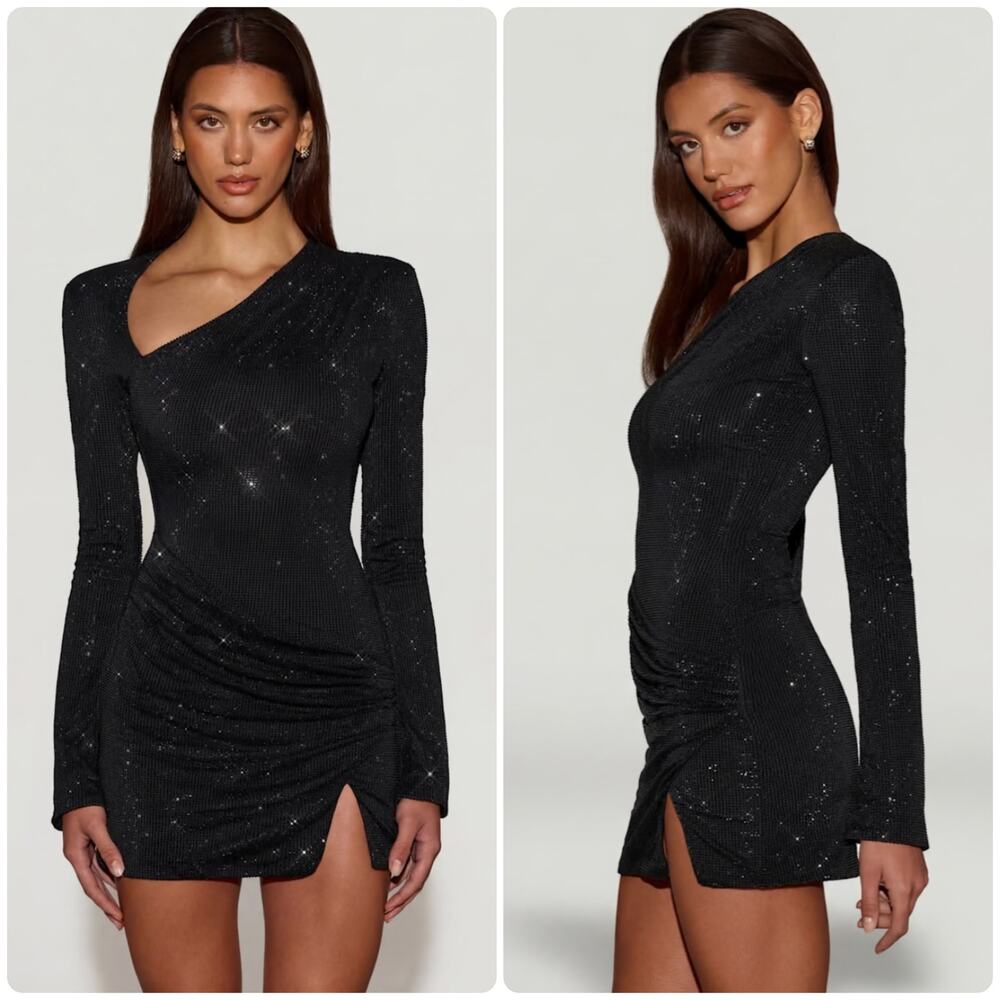 Oh Polly Nevina Embellished Asymmetric Bodycon Mini Dress Black Size 4 New